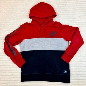 American Eagle Mens Hoodie Red Gray Black Colorblock Mountain Graphic Medium